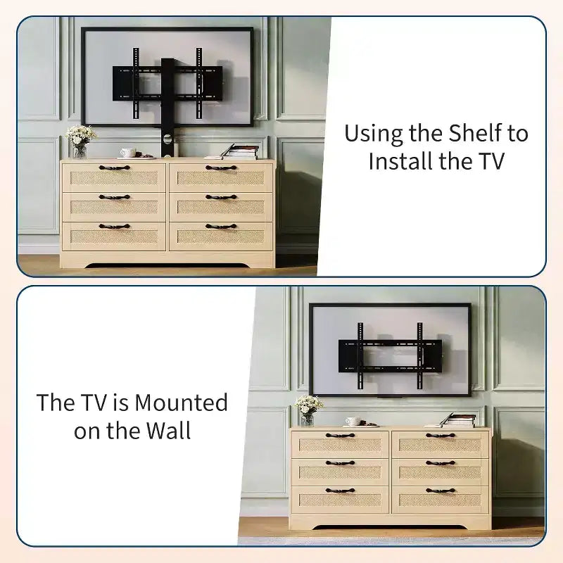 47,2 Zoll Natürlicher TV-Schrank mit 6 Schubladen, Rattan-Geflecht-Unterhaltungscenter für 32-85 Zoll TVs, für Wohnzimmer, einfache Montage