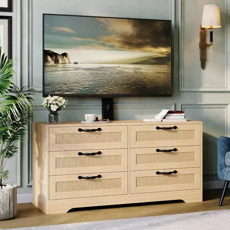 47,2 Zoll Natürlicher TV-Schrank mit 6 Schubladen, Rattan-Geflecht-Unterhaltungscenter für 32-85 Zoll TVs, für Wohnzimmer, einfache Montage