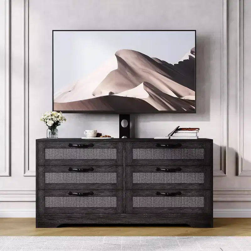 47,2 Zoll Natürlicher TV-Schrank mit 6 Schubladen, Rattan-Geflecht-Unterhaltungscenter für 32-85 Zoll TVs, für Wohnzimmer, einfache Montage