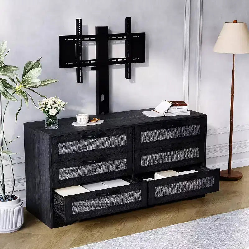 47,2 Zoll Natürlicher TV-Schrank mit 6 Schubladen, Rattan-Geflecht-Unterhaltungscenter für 32-85 Zoll TVs, für Wohnzimmer, einfache Montage