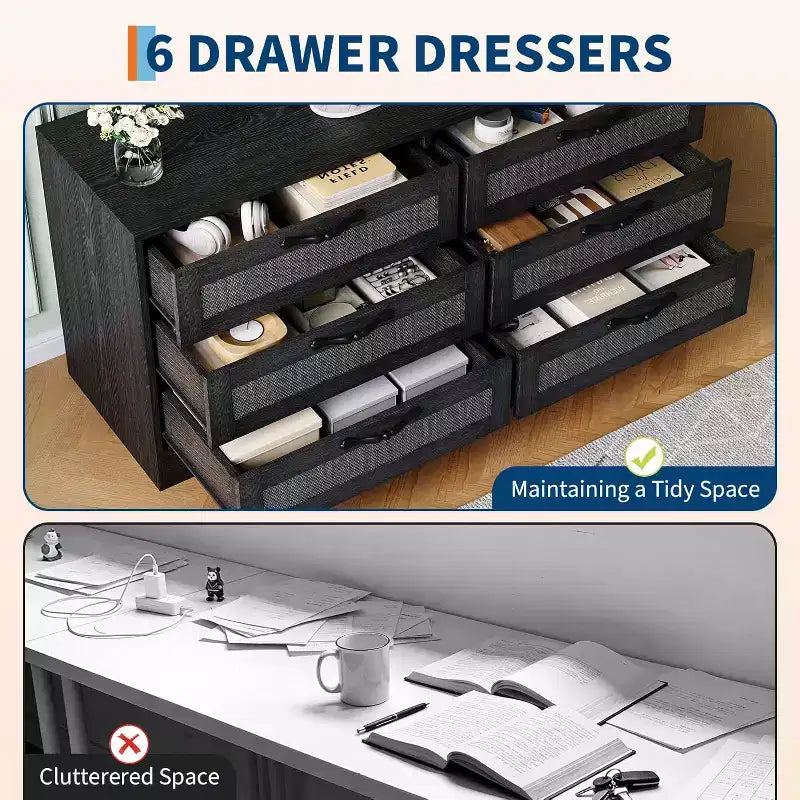 47,2 Zoll Natürlicher TV-Schrank mit 6 Schubladen, Rattan-Geflecht-Unterhaltungscenter für 32-85 Zoll TVs, für Wohnzimmer, einfache Montage