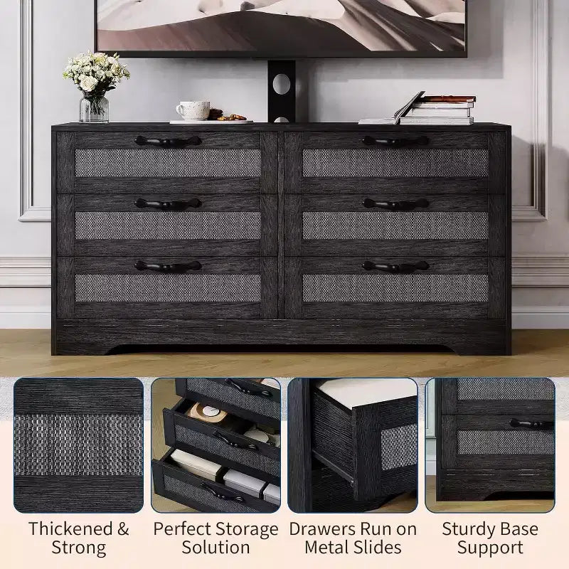 47,2 Zoll Natürlicher TV-Schrank mit 6 Schubladen, Rattan-Geflecht-Unterhaltungscenter für 32-85 Zoll TVs, für Wohnzimmer, einfache Montage
