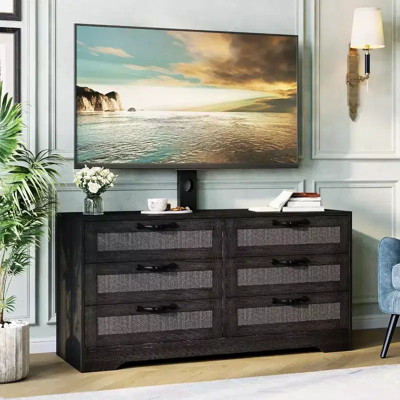47.2 Inch Natural 6-Drawer TV Stand, Rattan Weave Entertainment Center for 32-85 Inch TVs, for Living Room, Easy Assembly