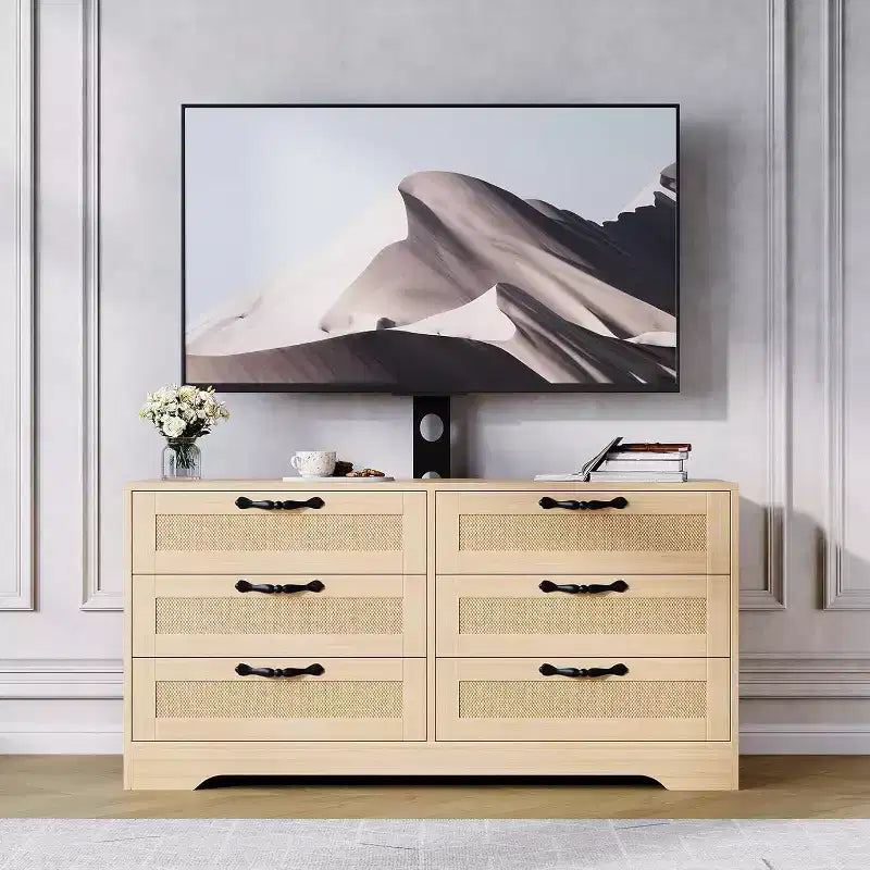 47,2 Zoll Natürlicher TV-Schrank mit 6 Schubladen, Rattan-Geflecht-Unterhaltungscenter für 32-85 Zoll TVs, für Wohnzimmer, einfache Montage