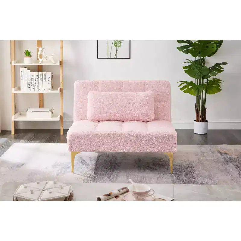MAYEERTY Comfortable Teddy Fabric Futon Single Sofa Gold Metal Legs, Foam & Spring for Living Room Pink
