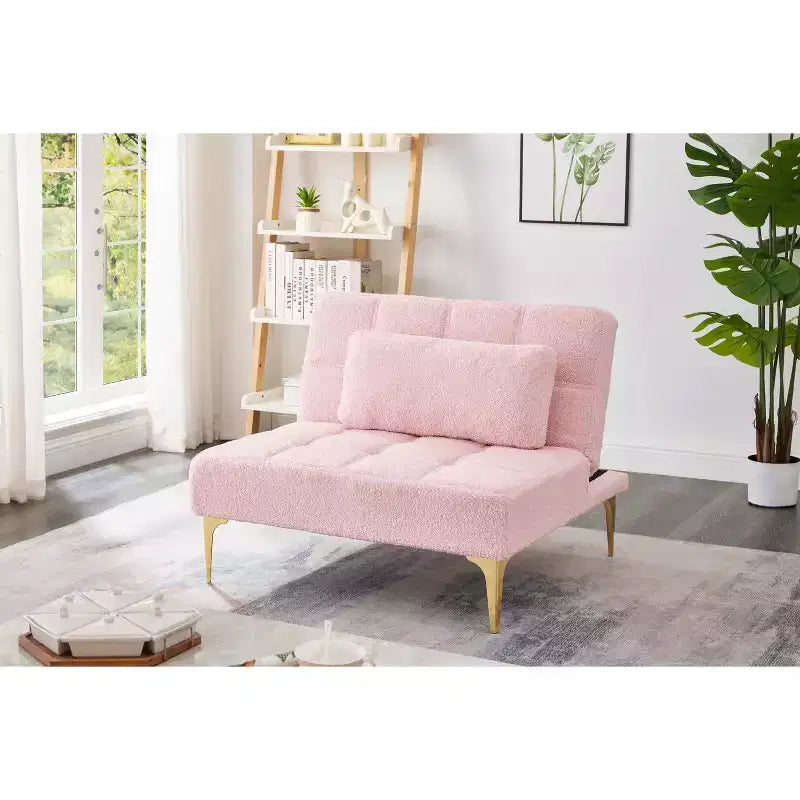MAYEERTY Bequemes Teddy-Stoff Futon Einzelsitzer Sofa Gold Metallbeine, Schaumstoff & Feder für Wohnzimmer Rosa