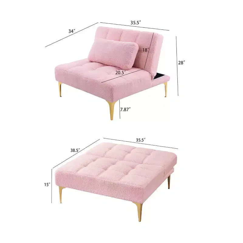 MAYEERTY Bequemes Teddy-Stoff Futon Einzelsitzer Sofa Gold Metallbeine, Schaumstoff & Feder für Wohnzimmer Rosa