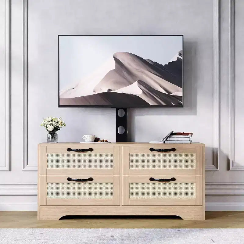 Rattan-TV-Schrank mit 4 Schubladen, Bauernhausstil für 70-Zoll-Fernseher, für Wohnzimmer, einfache Montage