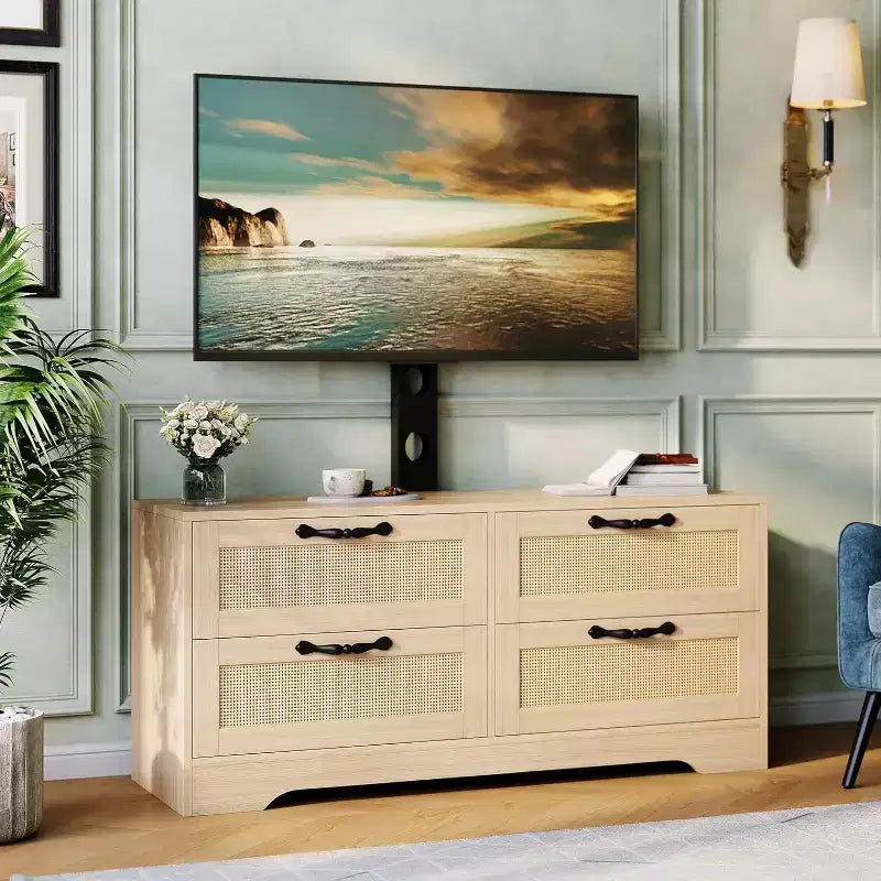 Rattan-TV-Schrank mit 4 Schubladen, Bauernhausstil für 70-Zoll-Fernseher, für Wohnzimmer, einfache Montage