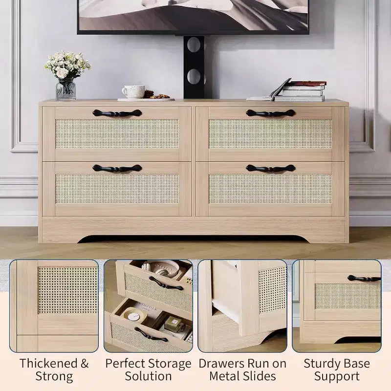 Rattan-TV-Schrank mit 4 Schubladen, Bauernhausstil für 70-Zoll-Fernseher, für Wohnzimmer, einfache Montage