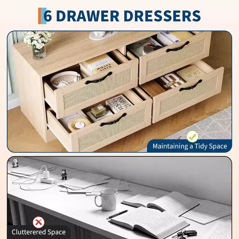 Rattan-TV-Schrank mit 4 Schubladen, Bauernhausstil für 70-Zoll-Fernseher, für Wohnzimmer, einfache Montage
