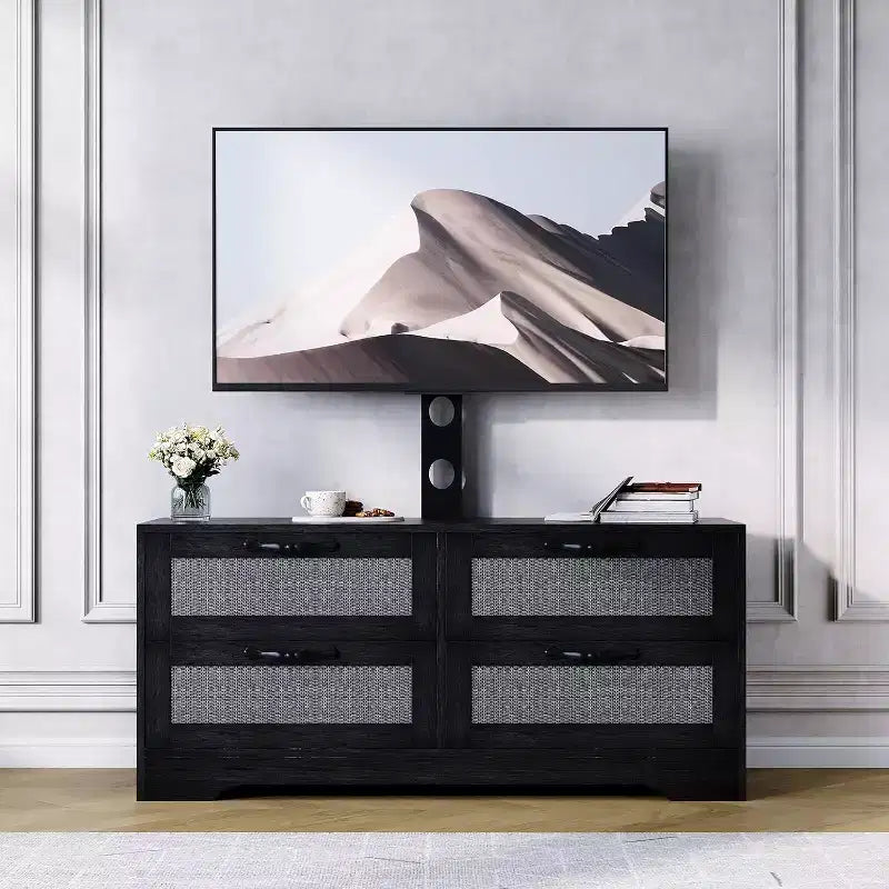 Rattan-TV-Schrank mit 4 Schubladen, Bauernhausstil für 70-Zoll-Fernseher, für Wohnzimmer, einfache Montage