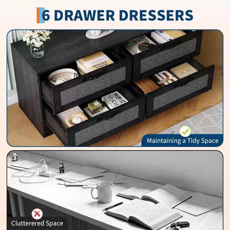Rattan-TV-Schrank mit 4 Schubladen, Bauernhausstil für 70-Zoll-Fernseher, für Wohnzimmer, einfache Montage