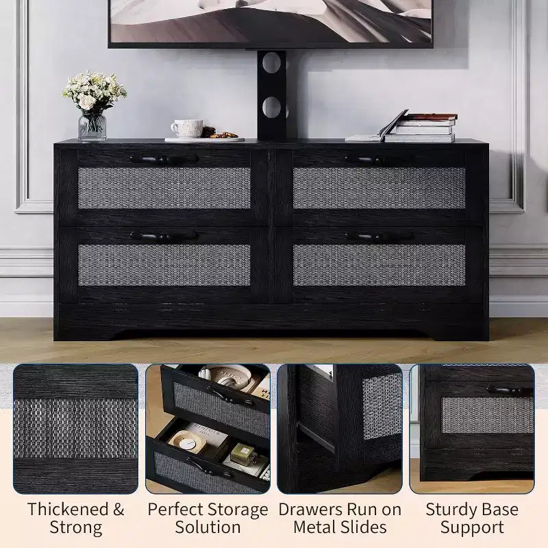 Rattan-TV-Schrank mit 4 Schubladen, Bauernhausstil für 70-Zoll-Fernseher, für Wohnzimmer, einfache Montage