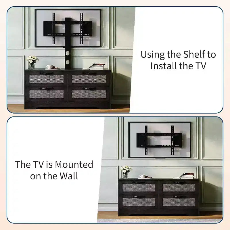 Rattan-TV-Schrank mit 4 Schubladen, Bauernhausstil für 70-Zoll-Fernseher, für Wohnzimmer, einfache Montage