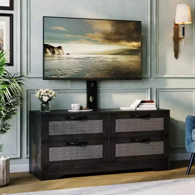 Rattan-TV-Schrank mit 4 Schubladen, Bauernhausstil für 70-Zoll-Fernseher, für Wohnzimmer, einfache Montage