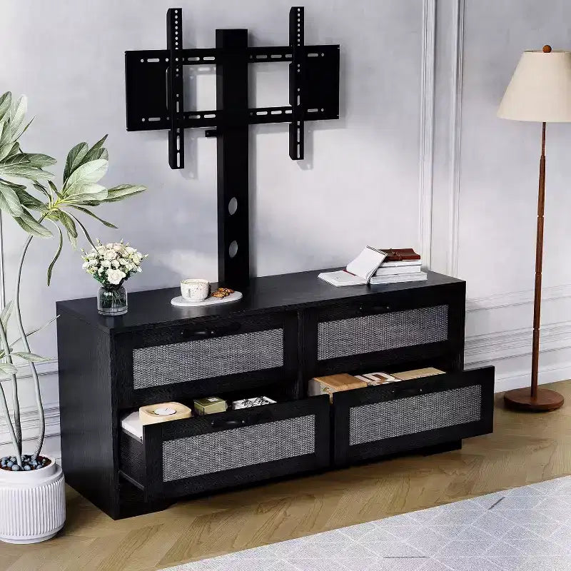 Rattan 4-Drawer TV Stand, Farmhouse Style for 70-Inch TVs, for Living Room, Easy Assembly