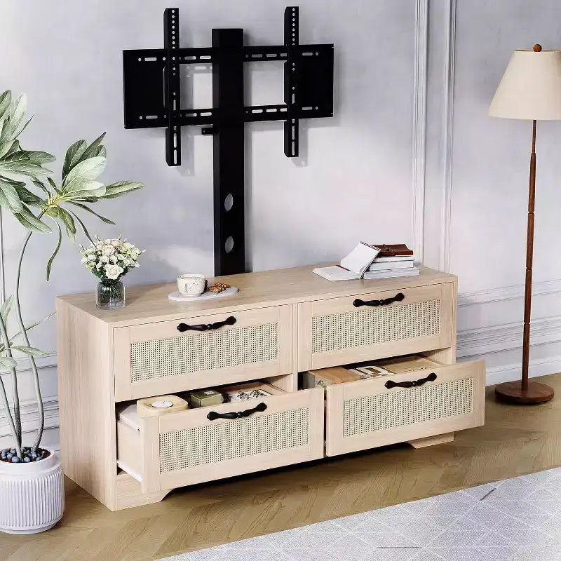 Rattan-TV-Schrank mit 4 Schubladen, Bauernhausstil für 70-Zoll-Fernseher, für Wohnzimmer, einfache Montage