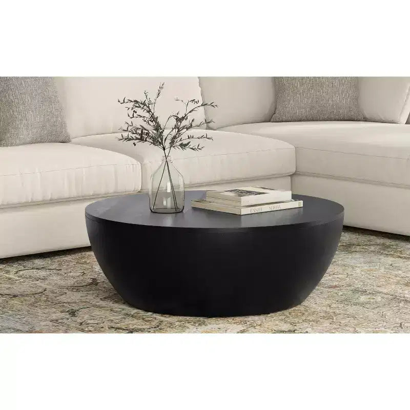 Keystone 34 Zoll breiter, massiver Mango-Couchtisch im modernen Industriedesign, Trommelform, montiert
