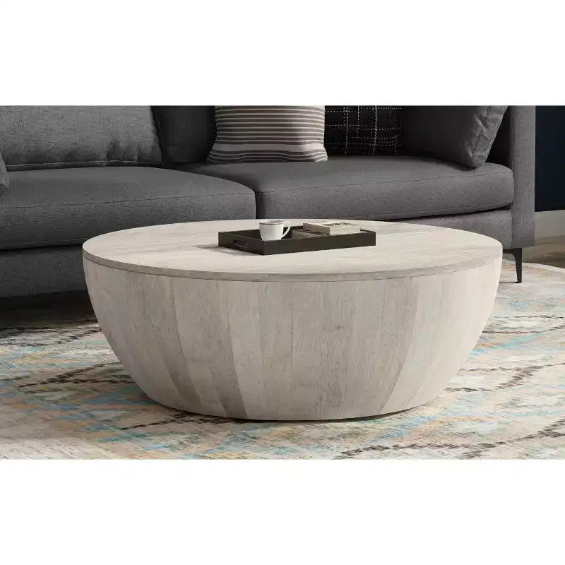 Keystone 34 Zoll breiter, massiver Mango-Couchtisch im modernen Industriedesign, Trommelform, montiert