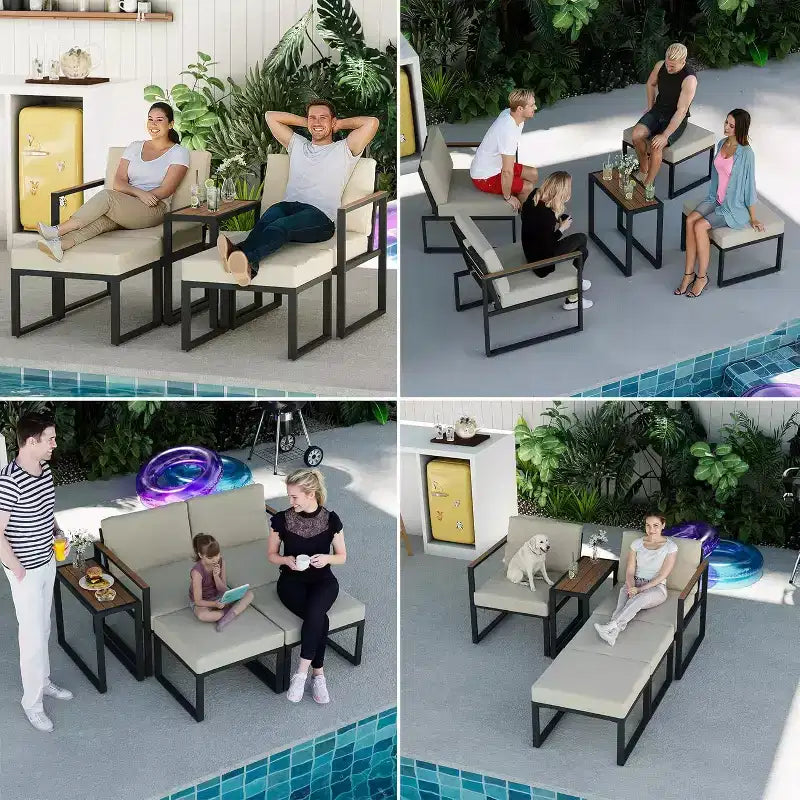 LAUSAINT HOME 5 Pieces Outdoor Conversation Set with Thick Cushions 2 Ottomans&Side Table