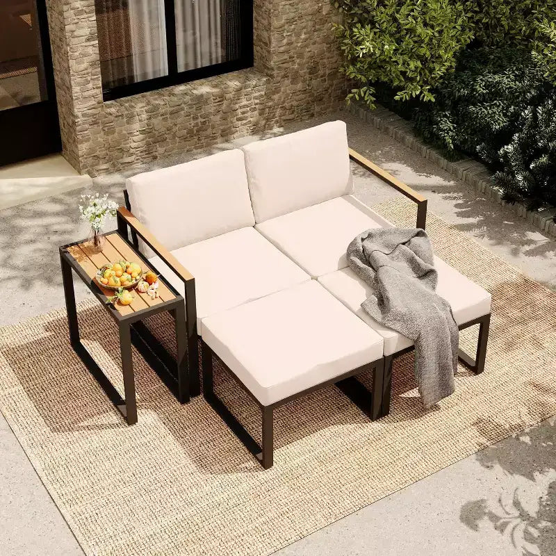 LAUSAINT HOME 5-teiliges Outdoor-Sitzgruppen-Set mit dicken Kissen, 2 Hockern und Beistelltisch