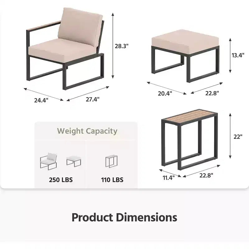 LAUSAINT HOME 5-teiliges Outdoor-Sitzgruppen-Set mit dicken Kissen, 2 Hockern und Beistelltisch