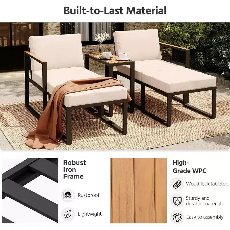 LAUSAINT HOME 5-teiliges Outdoor-Sitzgruppen-Set mit dicken Kissen, 2 Hockern und Beistelltisch
