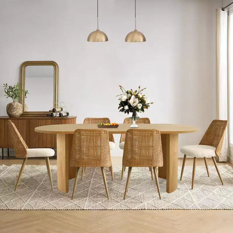 Dining Table Set for 6, Upholstered Dining Chairs with Rattan Backs and Oval Table in Natural Wood-Tone Finish, for Kitchen or Dining Room-Panipeachy
