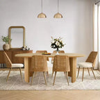 Dining Table Set for 6, Upholstered Dining Chairs with Rattan Backs and Oval Table in Natural Wood-Tone Finish, for Kitchen or Dining Room-Panipeachy