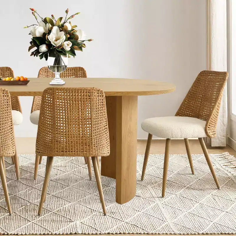 Esstischgarnitur für 6 Personen, gepolsterte Esszimmerstühle mit Rattanlehnen und ovaler Tisch in natürlicher Holzoptik, für Küche oder Esszimmer-Panipeachy