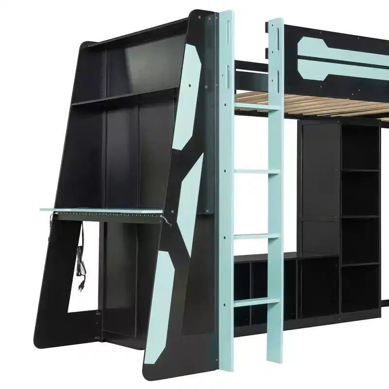 L-förmiges Gaming-Hochbett mit Schreibtischen, Doppel-Hochbetten mit LED-Beleuchtung, USB-Anschlüssen, Stauraumregalen, Eck-Hochbett aus Holz für 2