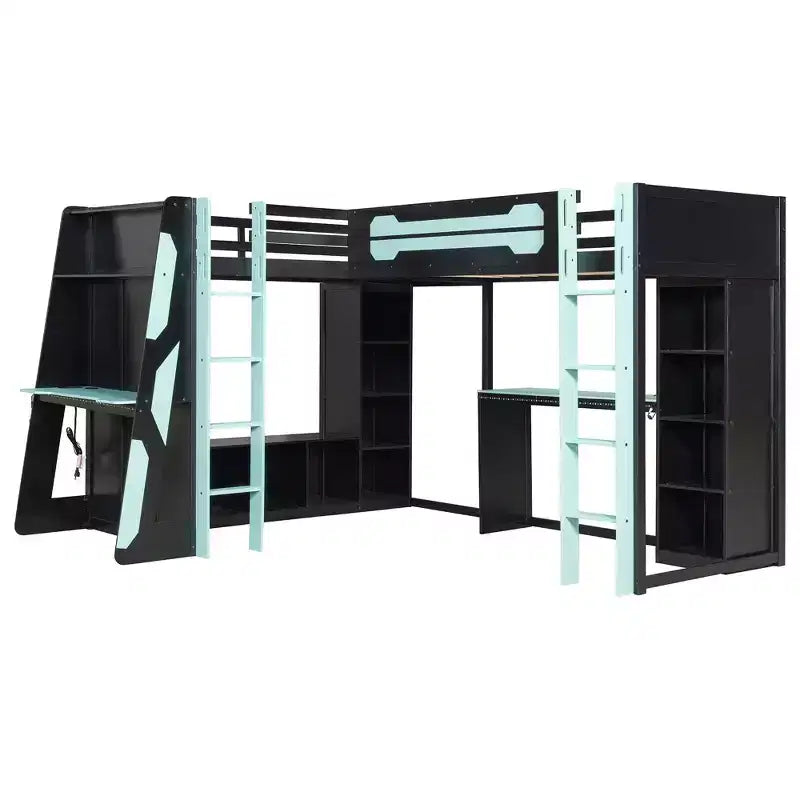 L-förmiges Gaming-Hochbett mit Schreibtischen, Doppel-Hochbetten mit LED-Beleuchtung, USB-Anschlüssen, Stauraumregalen, Eck-Hochbett aus Holz für 2