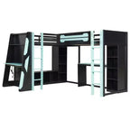 L-förmiges Gaming-Hochbett mit Schreibtischen, Doppel-Hochbetten mit LED-Beleuchtung, USB-Anschlüssen, Stauraumregalen, Eck-Hochbett aus Holz für 2