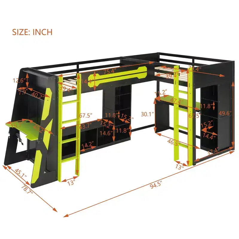 L-förmiges Gaming-Hochbett mit Schreibtischen, Doppel-Hochbetten mit LED-Beleuchtung, USB-Anschlüssen, Stauraumregalen, Eck-Hochbett aus Holz für 2
