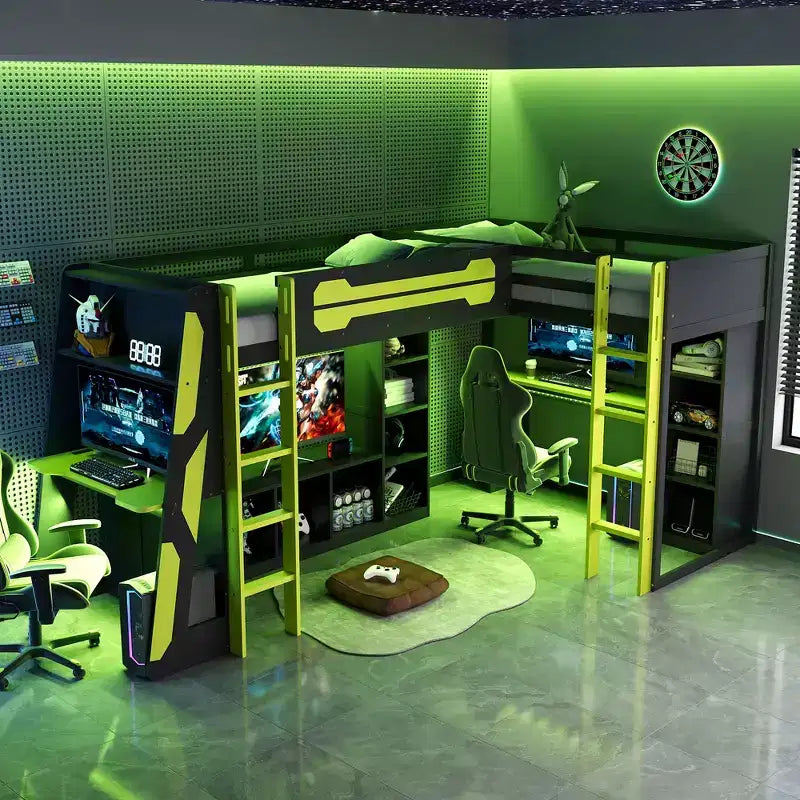 L-förmiges Gaming-Hochbett mit Schreibtischen, Doppel-Hochbetten mit LED-Beleuchtung, USB-Anschlüssen, Stauraumregalen, Eck-Hochbett aus Holz für 2