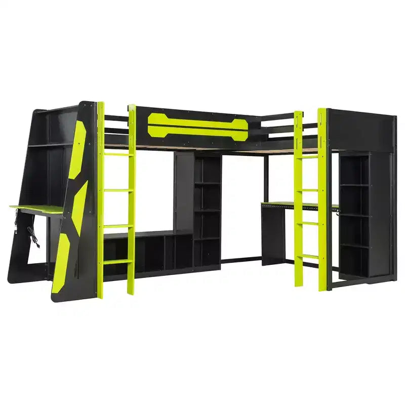 L-förmiges Gaming-Hochbett mit Schreibtischen, Doppel-Hochbetten mit LED-Beleuchtung, USB-Anschlüssen, Stauraumregalen, Eck-Hochbett aus Holz für 2