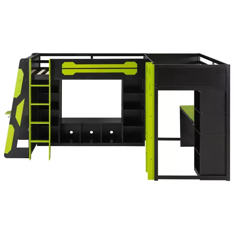L-förmiges Gaming-Hochbett mit Schreibtischen, Doppel-Hochbetten mit LED-Beleuchtung, USB-Anschlüssen, Stauraumregalen, Eck-Hochbett aus Holz für 2