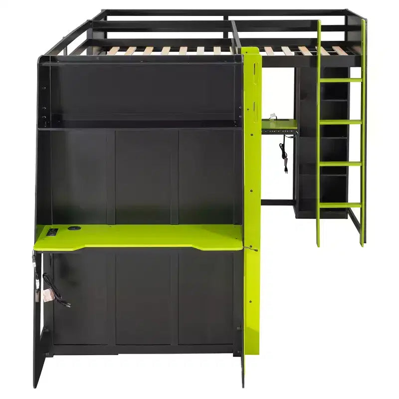 L-förmiges Gaming-Hochbett mit Schreibtischen, Doppel-Hochbetten mit LED-Beleuchtung, USB-Anschlüssen, Stauraumregalen, Eck-Hochbett aus Holz für 2