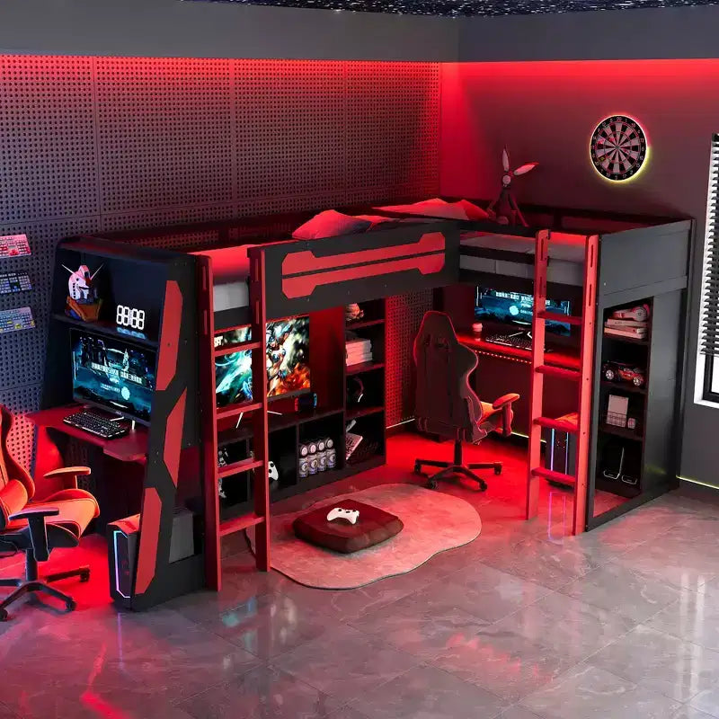 L-förmiges Gaming-Hochbett mit Schreibtischen, Doppel-Hochbetten mit LED-Beleuchtung, USB-Anschlüssen, Stauraumregalen, Eck-Hochbett aus Holz für 2