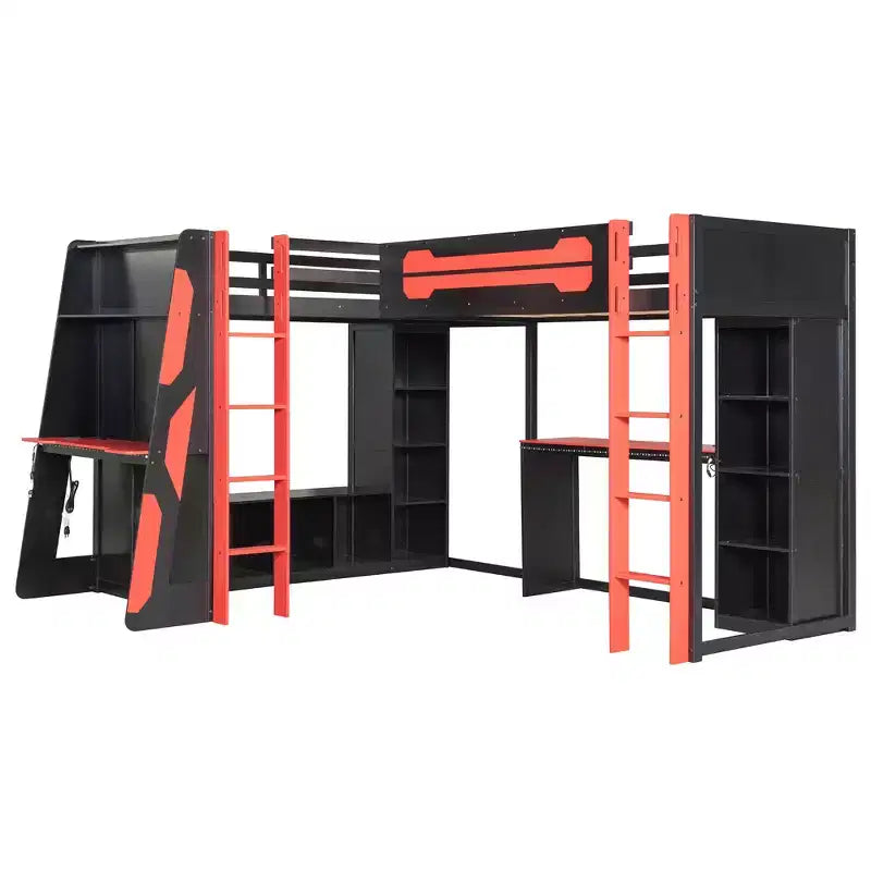 L-förmiges Gaming-Hochbett mit Schreibtischen, Doppel-Hochbetten mit LED-Beleuchtung, USB-Anschlüssen, Stauraumregalen, Eck-Hochbett aus Holz für 2