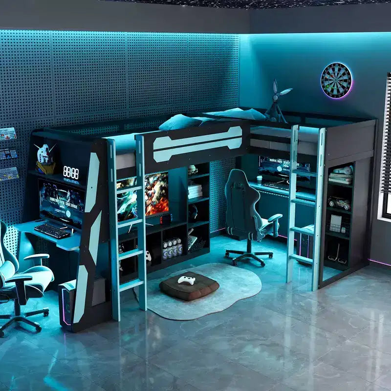 L-förmiges Gaming-Hochbett mit Schreibtischen, Doppel-Hochbetten mit LED-Beleuchtung, USB-Anschlüssen, Stauraumregalen, Eck-Hochbett aus Holz für 2
