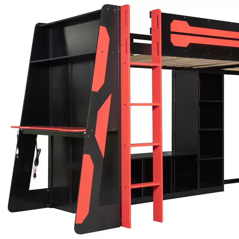 L-förmiges Gaming-Hochbett mit Schreibtischen, Doppel-Hochbetten mit LED-Beleuchtung, USB-Anschlüssen, Stauraumregalen, Eck-Hochbett aus Holz für 2