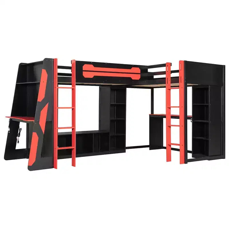 L-förmiges Gaming-Hochbett mit Schreibtischen, Doppel-Hochbetten mit LED-Beleuchtung, USB-Anschlüssen, Stauraumregalen, Eck-Hochbett aus Holz für 2