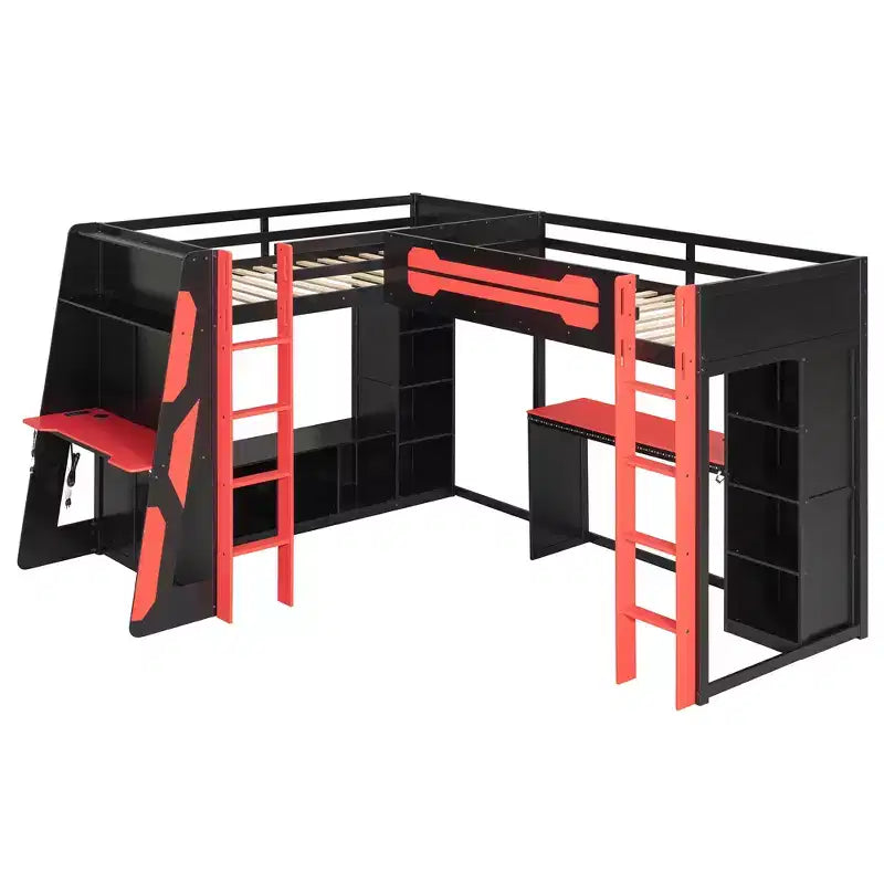 L-förmiges Gaming-Hochbett mit Schreibtischen, Doppel-Hochbetten mit LED-Beleuchtung, USB-Anschlüssen, Stauraumregalen, Eck-Hochbett aus Holz für 2