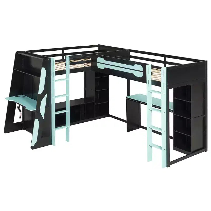 L-förmiges Gaming-Hochbett mit Schreibtischen, Doppel-Hochbetten mit LED-Beleuchtung, USB-Anschlüssen, Stauraumregalen, Eck-Hochbett aus Holz für 2