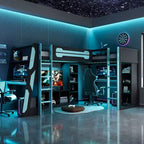 L-Shaped Gaming Loft Bed with Desks, Double Twin Loft Beds with LED Lights, USB Ports, Storage Bookshelves, Wood Corner Loft Bed for 2