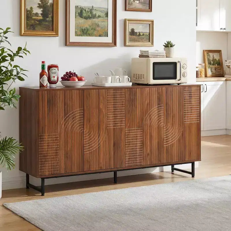 JVNOXK 59-inch Mid-Century Modern Multifunctional Sideboard Geometric Carved Storage Cabinet with Metal Legs Ideal for Dining Rooms Wood
