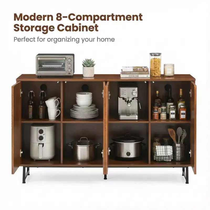 JVNOXK 59 Zoll Mid-Century Modern Multifunktionales Sideboard Geometrisch Geschnitzter Aufbewahrungsschrank mit Metallbeinen Ideal für Esszimmer Holz