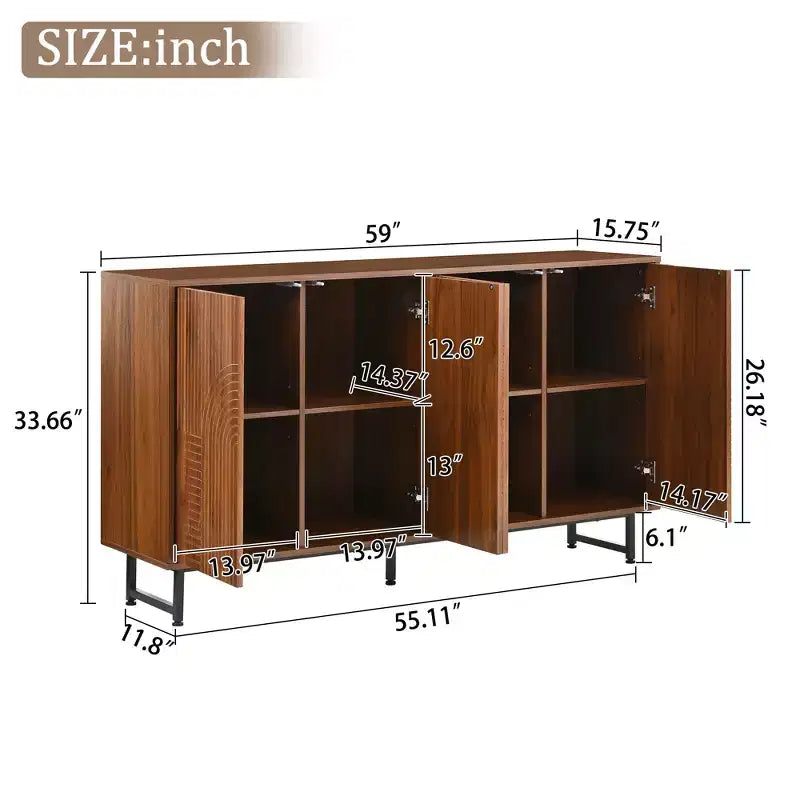 JVNOXK 59 Zoll Mid-Century Modern Multifunktionales Sideboard Geometrisch Geschnitzter Aufbewahrungsschrank mit Metallbeinen Ideal für Esszimmer Holz